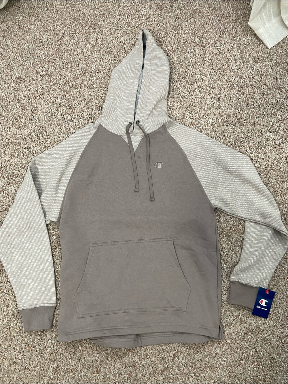 Champion Two-Tone Hooded Pullover in Taupe and Light Gray